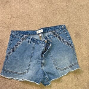 Knox Rose Blue Denim High-Rise Jean Shorts with Aztec Trim